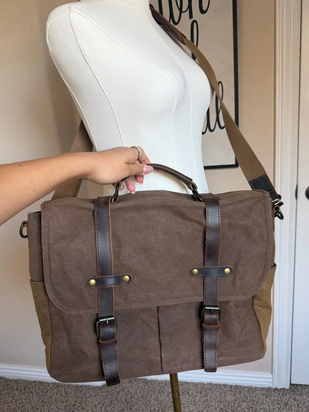 Newhey Waxed Canvas Leather Laptop Messenger Bag Brown Briefcase Travel Work